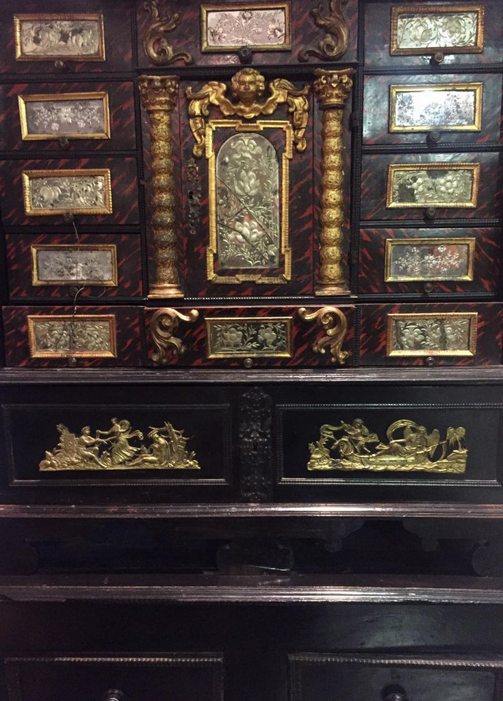 A Black 18th Century Flemish Ebonized Cabinet on Stand with Brass Ornamentation