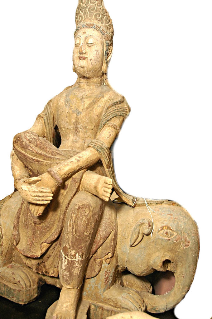 A Chinese Carved Wood Figure of Guanyin Riding an Elephant  Ming Dynasty (1368-1644)