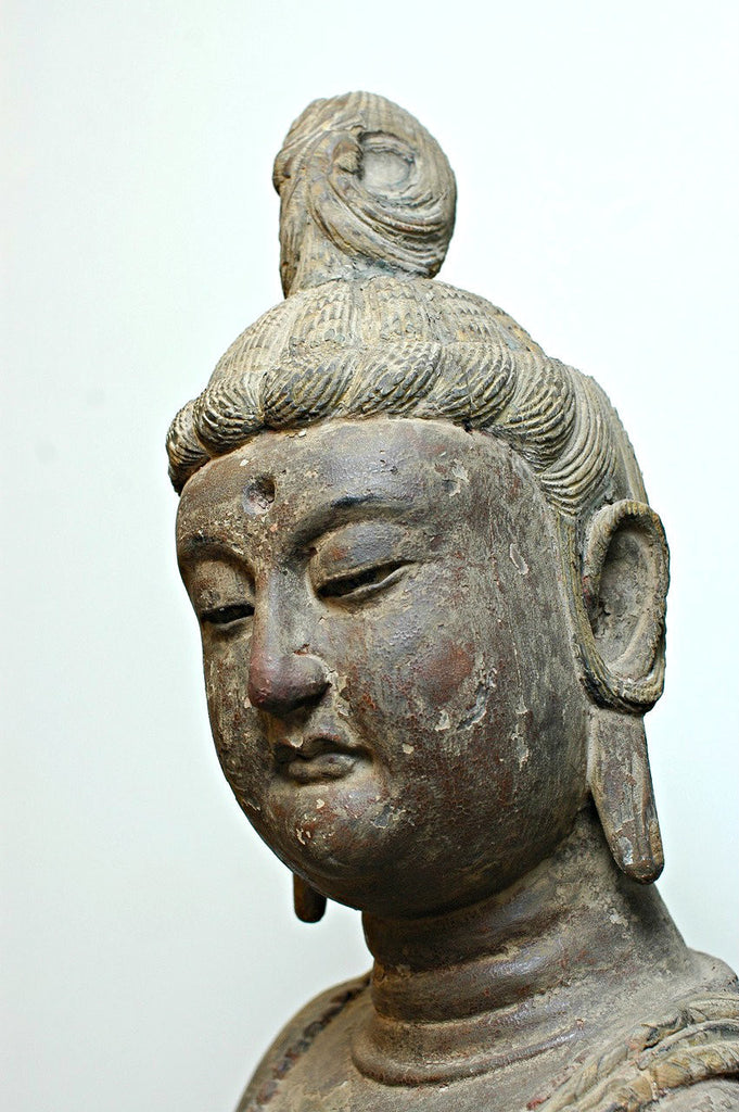 A Chinese Carved Wood Figure of a Standing Bodhisattva, Mid Ming Dynasty (circa 15th century)