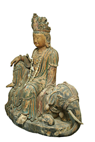 A Chinese Carved Wood Figure of Guanyin Riding an Elephant , Late Ming Dynasty (1368-1644)
