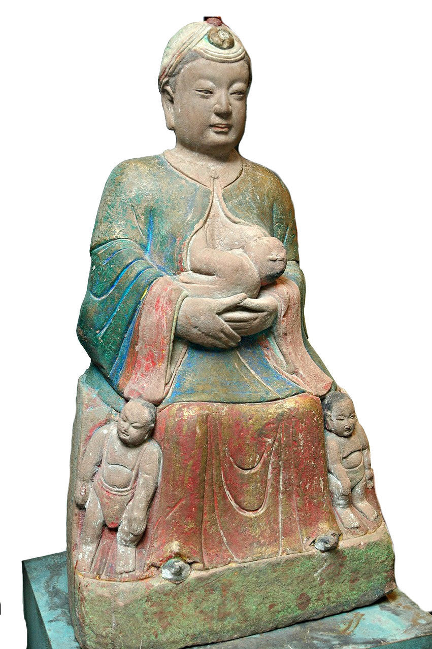 A Rare Chinese Painted and Carved Sandstone Figure of Guanyin,  Southern Song Dynasty (1127-1279)