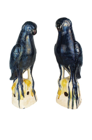 Two Blue Glazed Terracotta Parrots