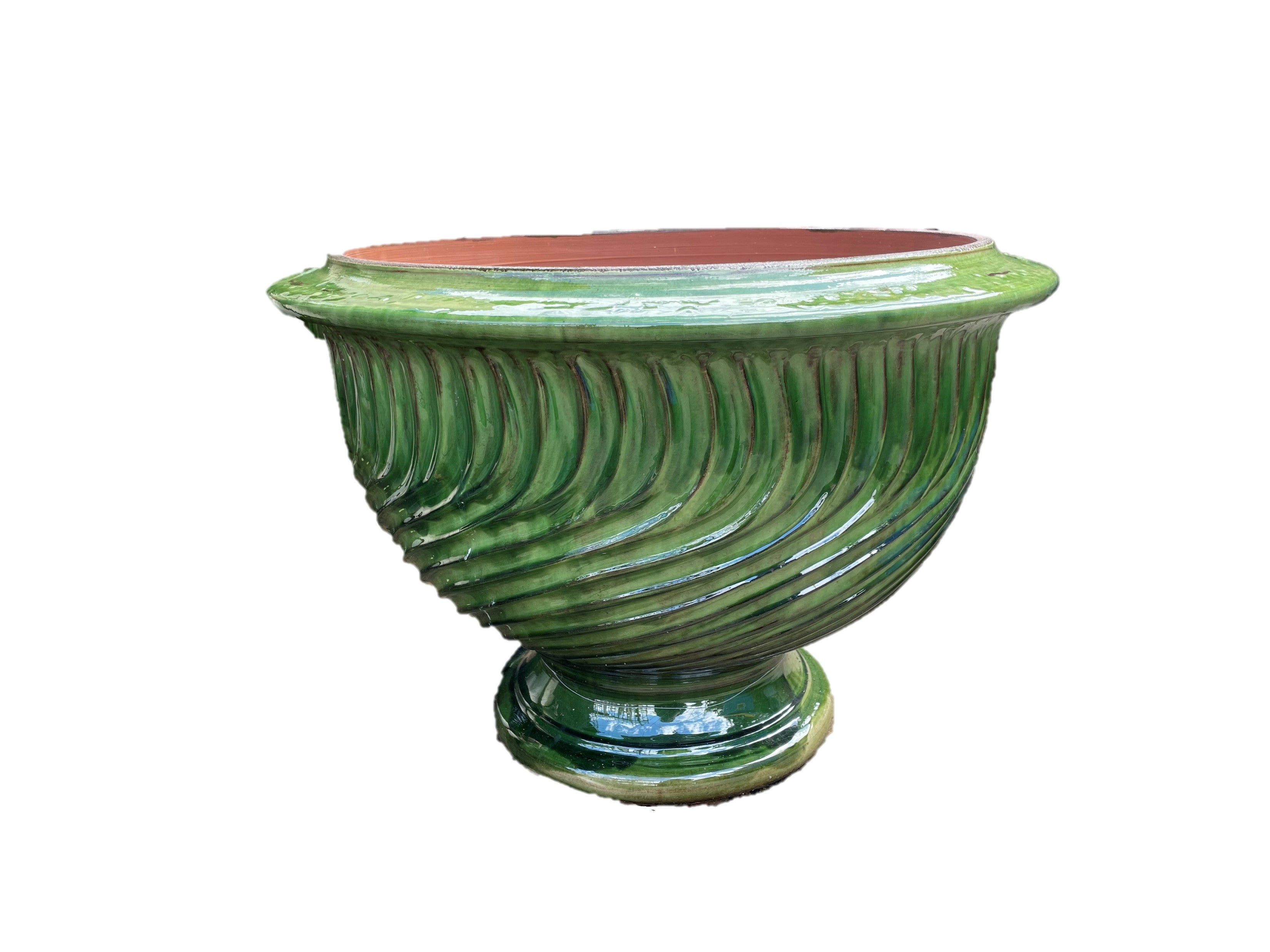 "La Madeline" Striated Glazed Terracotta Anduze Pot in Green Glaze