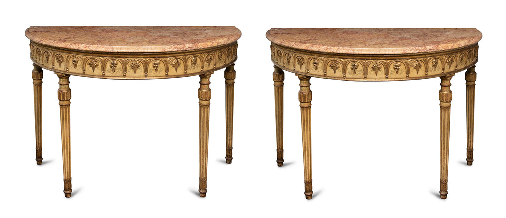 Pair of 19th Century Italian Giltwood & Peche D'alap Marble Top Consoles