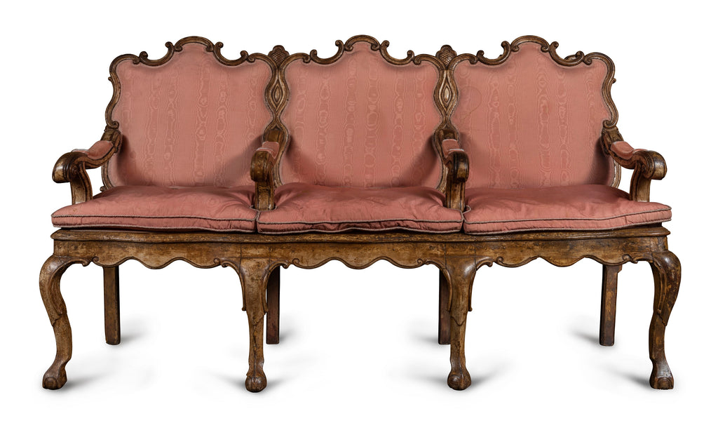 A Late 17th Century  Italian Walnut Three Seat Divano Upholstered in Pink Silk