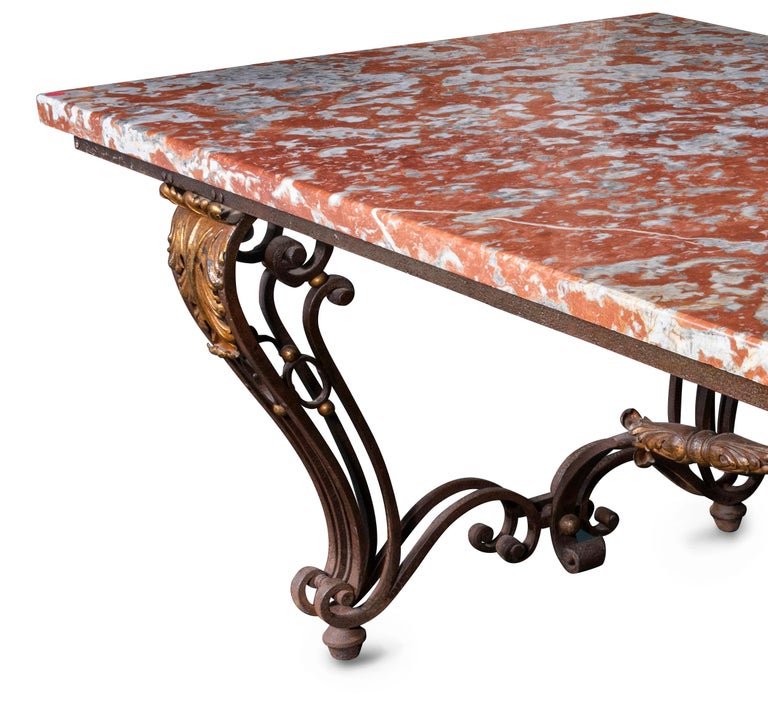 An Early 20th Century French Orange Marble-Top Table on Wrought Iron Base