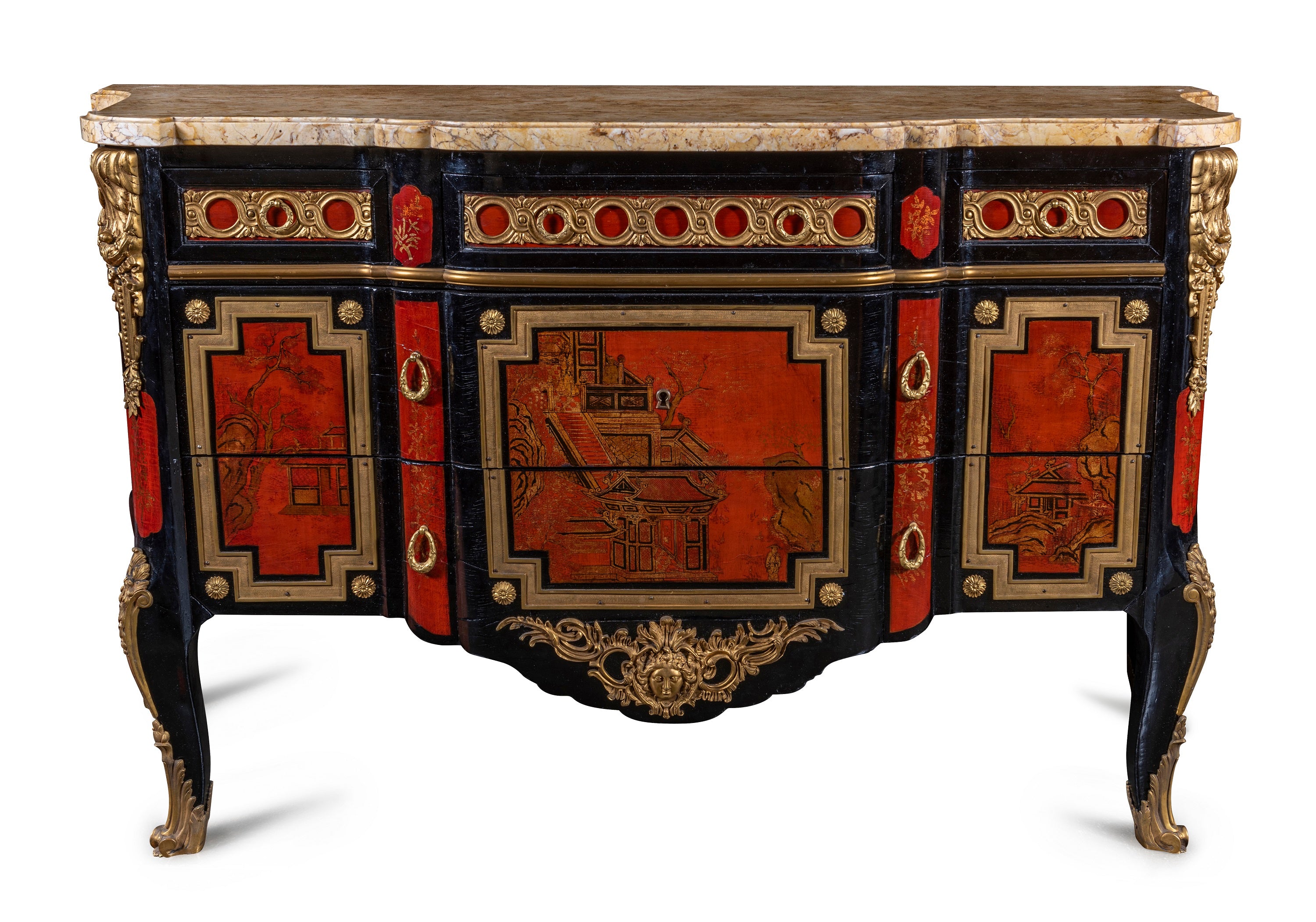 French 1940s Transitional Style Red & Black Chinoiserie Commode