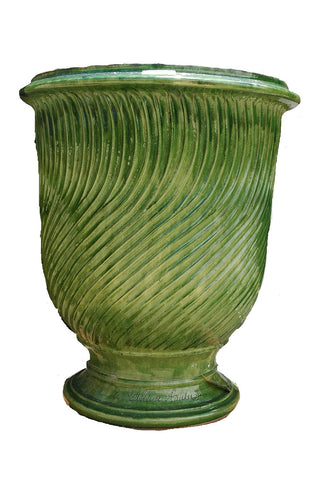 "La Madeline" Striated Glazed Terracotta Anduze Pot in Green Glaze
