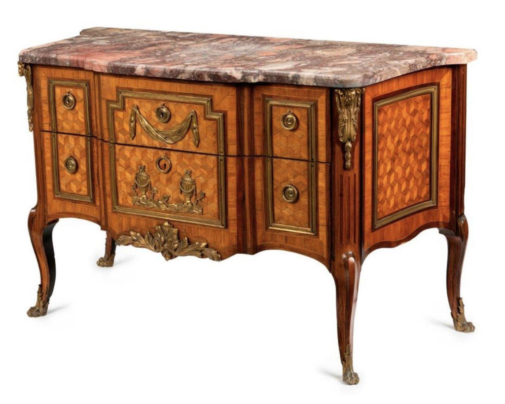 A French Directoire Gilt Bronze Mounted Parquetry Commode with Marble Top, 19th Century