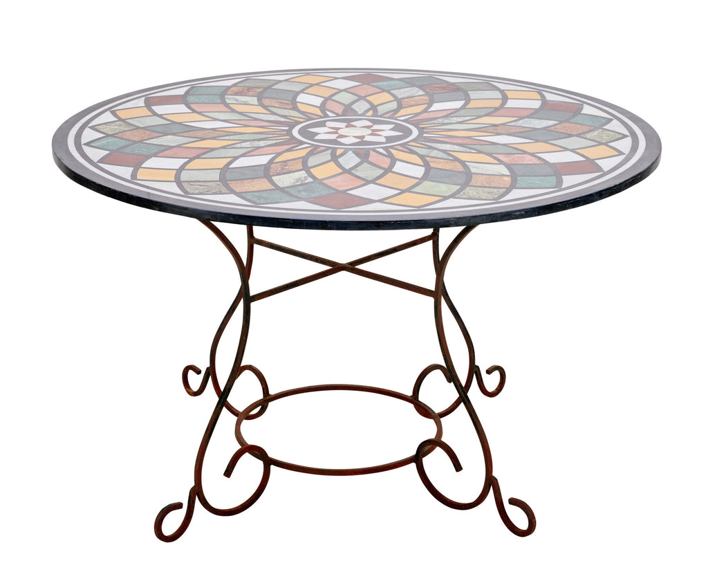 A Pietra Dura Centre Table on Wrought Iron Table