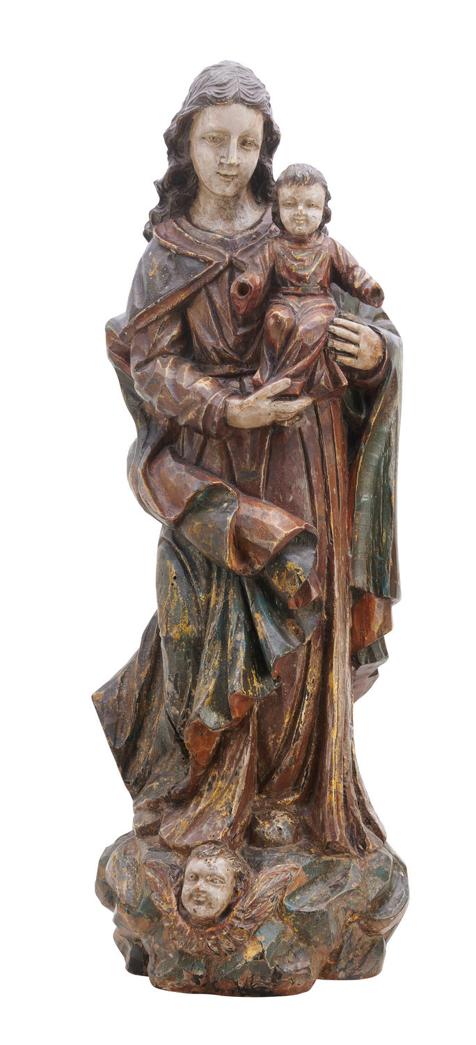A Carved Walnut and Polychrome Painted figure of the Virgin and Christ, 18th Century.