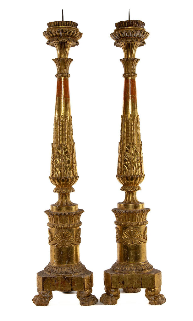 A Pair of Italian Late 18th Century Carved Limewood and Gilt Torcheres