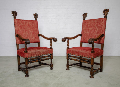 A Pair of Italian 18th Century Carved Walnut and Parcel Gilt Armchairs